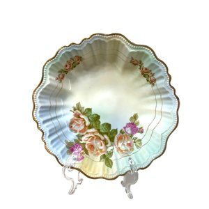 Victoria Czech Slovakia Porcelain Transfer-ware Roses Bowl Fluted Scalloped Rim